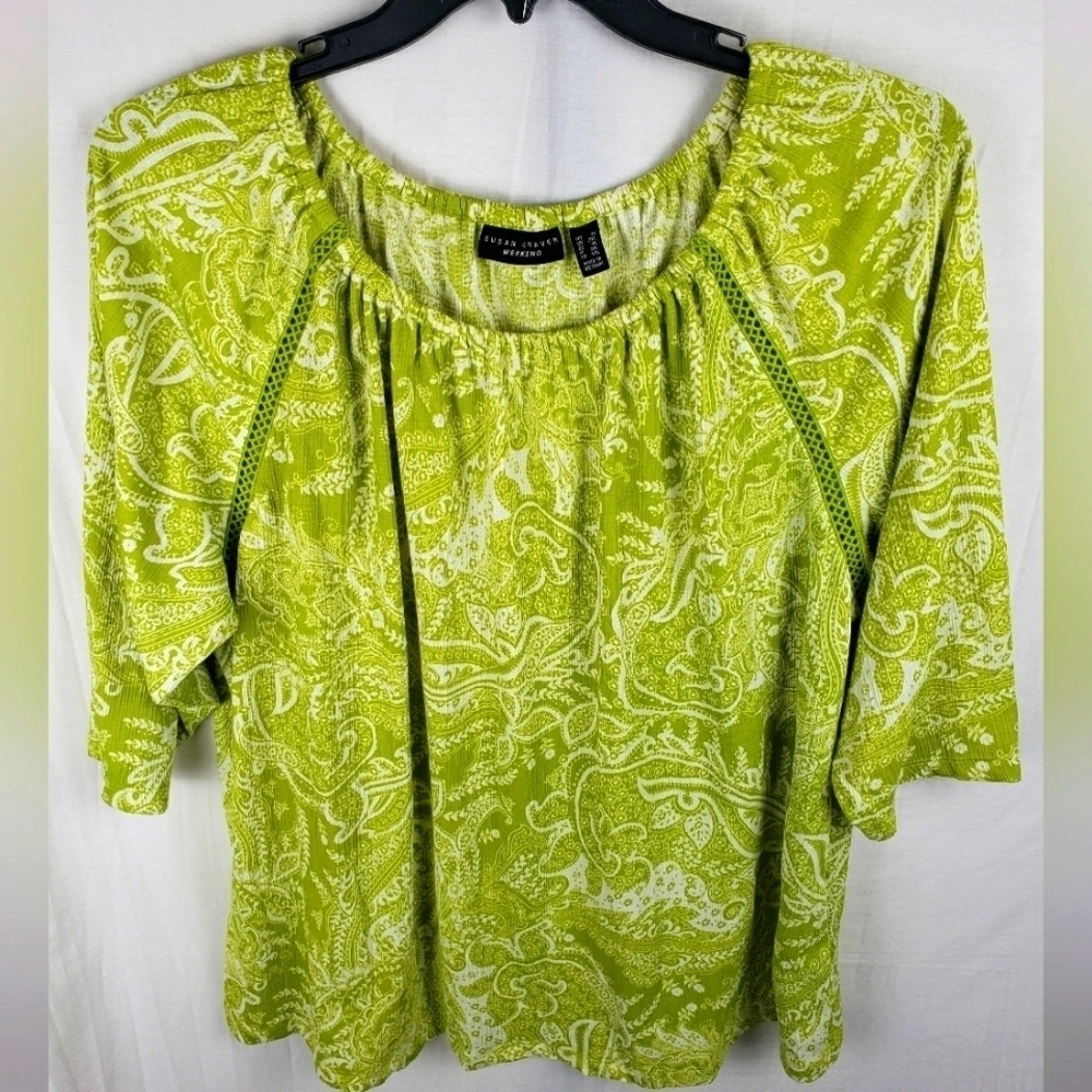 Susan Graver Weekend Lime Green & White 3/4 Sleeve Paisley Gauzy Shirt Sz 1X